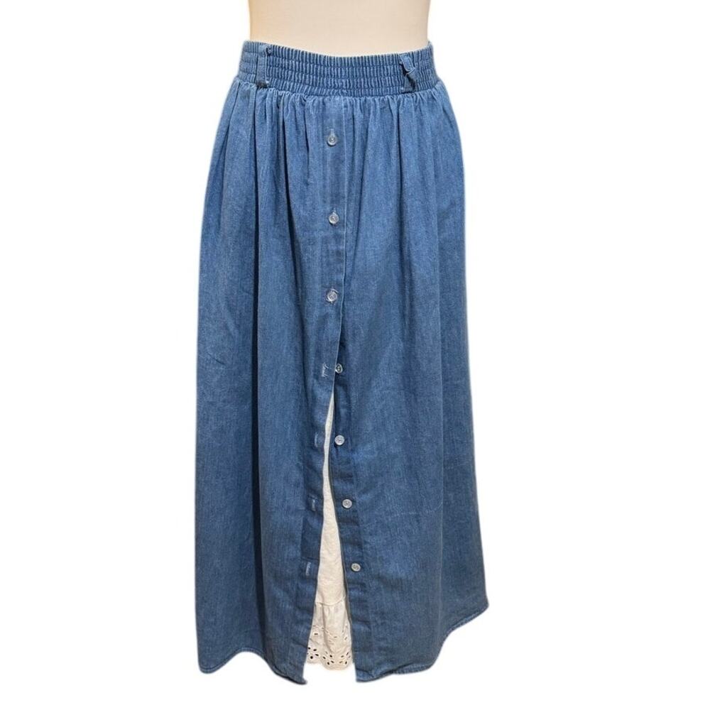 Vintage 70s Cottage Core Denim Blue Jean Skirt White Eyelet Lace Inset Size XS - Picture 2 of 10